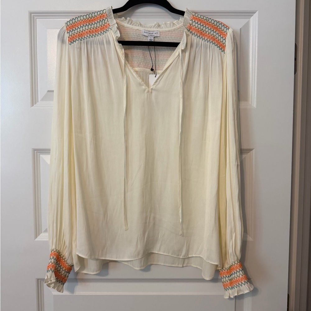 Current Air Cream Peasant Blouse with Coral and Teal Smocking